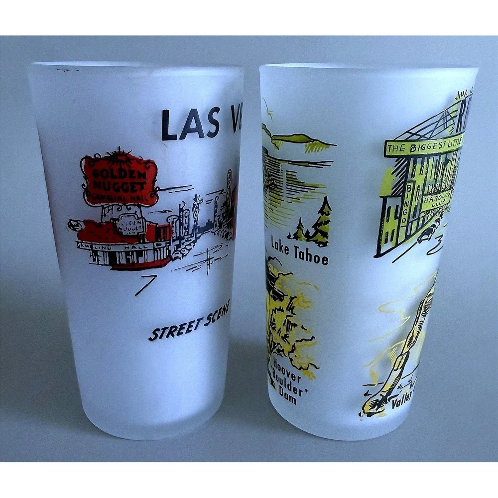 Nevada Vtg 60s Las Vegas & Reno Beverage Frosted Glass Tumblers Enamel Paint 5